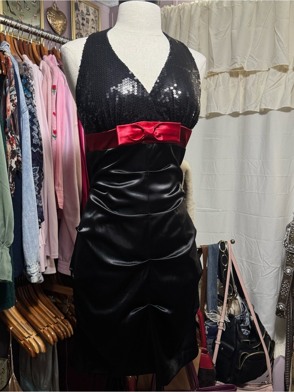 Vintage Black Sequin Strapless Dress with Red Satin Band